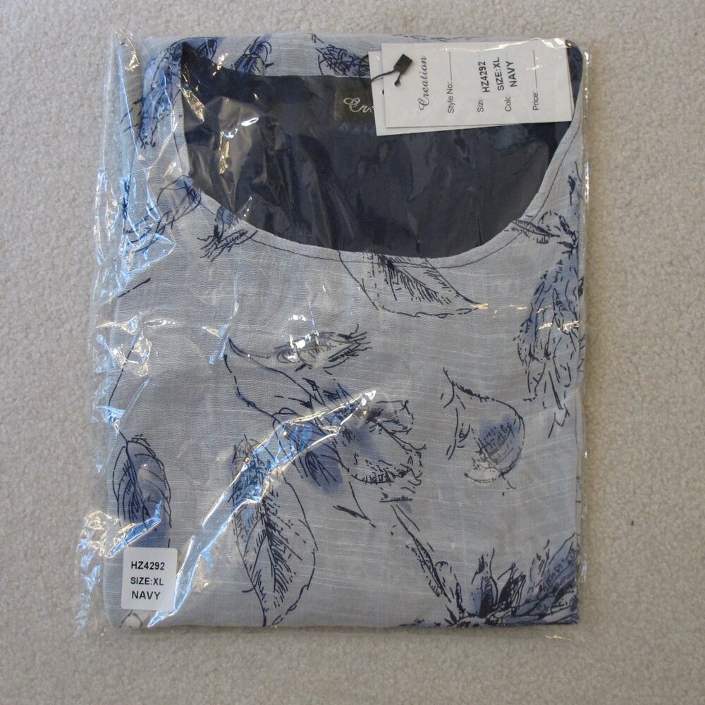NWT  Creation white and navy blue blouse – double layer  XL  New in bag.
